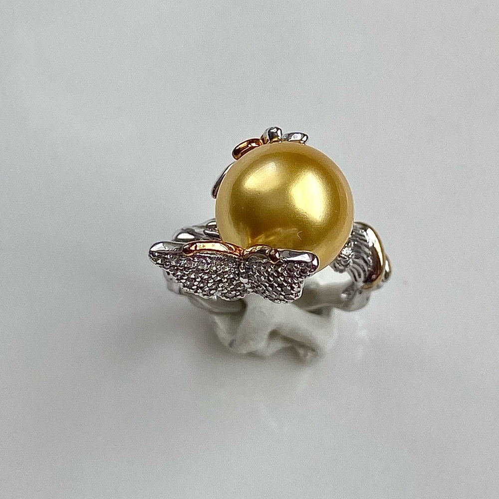 R25- Premium Round Deep Gold South Sea Pearl 11.8 mm s925 Butterfly Ring - Picture 5 of 9